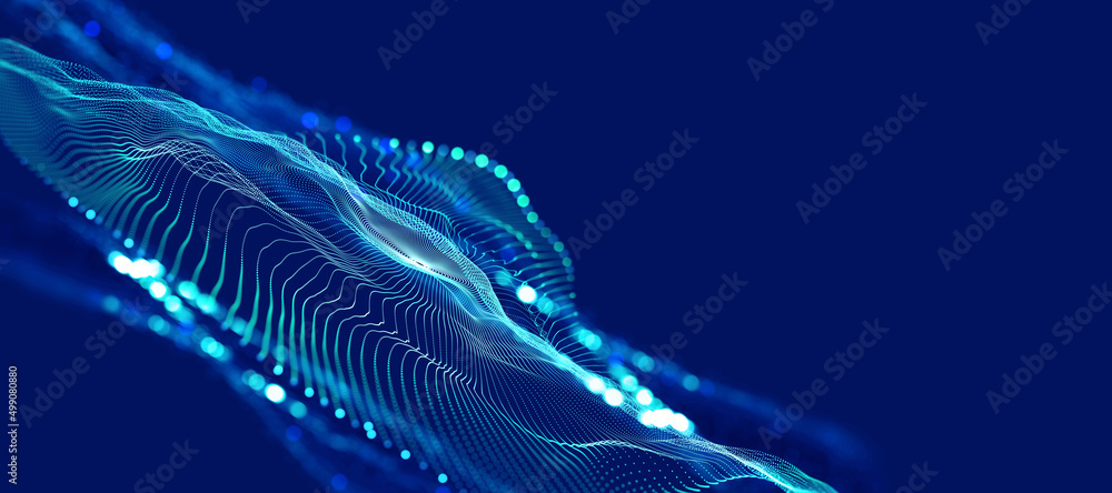 Aufkleber Hi-tech, sci-fi 3D illustration Abstract musical beat. Sound wave in field of big data particles. Dancing dots of a neural network in a nanotechnology cyberspace project. Bokeh and bright LED flashes