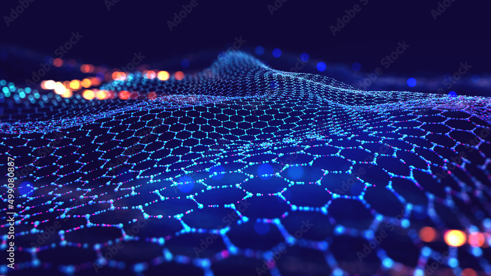 Aufkleber Hexagonal nano grid. Molecular network of connected honeycombs. Neural network. Concept of nanotechnology and big data. 3D illustration of particle field in cyberspace