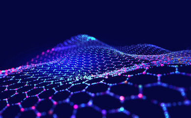 Hexagonal nano grid. Molecular network of connected honeycombs. Neural network. Concept of nanotechnology and big data. 3D illustration of particle field in cyberspace © Siarhei