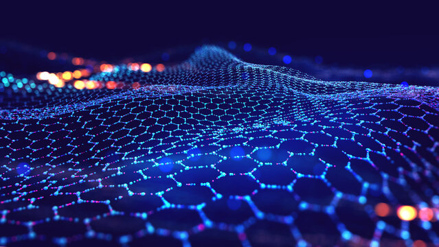 Hexagonal nano grid. Molecular network of connected honeycombs. Neural network. Concept of nanotechnology and big data. 3D illustration of particle field in cyberspace