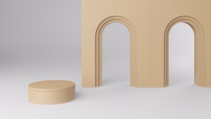3d rendering of empty circle pedestal on arch wall mockup