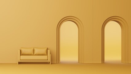 3d rendering of yellow sofa on arch wall mockup