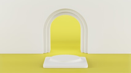 3d rendering of white empty pedestal on white arch wall mockup