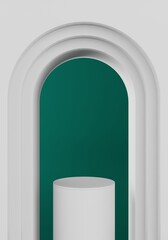 3d rendering of white empty circle pedestal between black arch wall mockup on green background