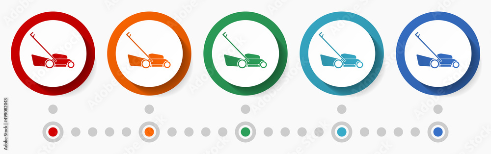 Aufkleber lawn mower concept vector icon set, infographic template, flat design colorful web buttons in 5 colo