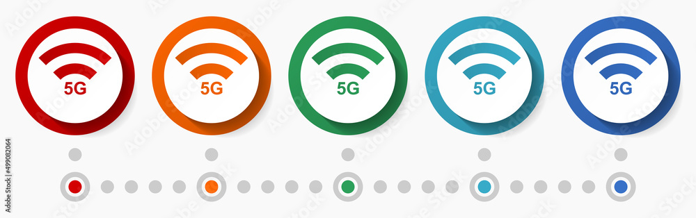 Poster 5g web, internet concept vector icon set, infographic template, flat design colorful web buttons in 5 color options