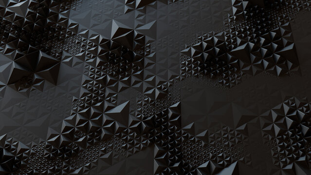 Dark Modern Surface with Triangular Pyramids. Black, Abstract 3d Background.