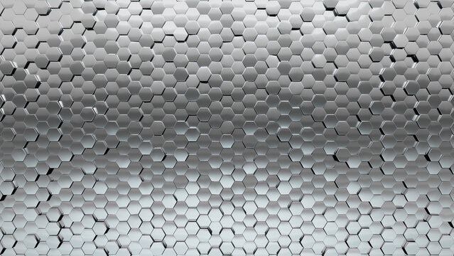 Hexagonal, Polished Mosaic Tiles arranged in the shape of a wall. 3D, Glossy, Bullion stacked to create a Silver block background. 3D Render