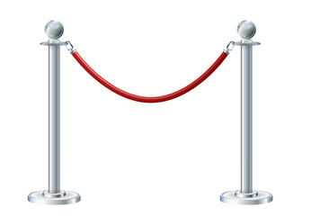 Retractable belt rack. Portable tape barrier. Red carpet with red ropes on silver stanchions. Exclusive event, movie premiere, gala, ceremony, awards concept. Vector