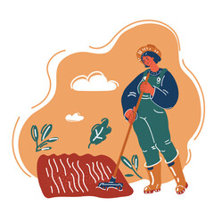 Vector illustration of woman growing plants in the garden