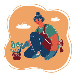 Vector illustration of Young woman watering houseplants. Growing and caring for potted flowers or herbs. Gardening concept.