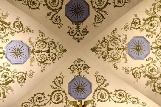 Saint-Petersburg, Russia. January 7, 2022. Editorial Use Only. Pattern on the ceiling of the Hall of the State Hermitage.