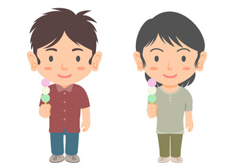三色団子を食べる男女