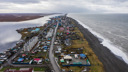 village of Oktyabrsky Kamchatka. Windmills, town on Sandbar