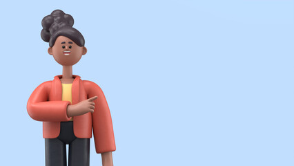 3D illustration of a smiling african american woman Coco showing you way, pointing his finger to empty copy space for advertising. Minimal style. 3D rendering on blue background.