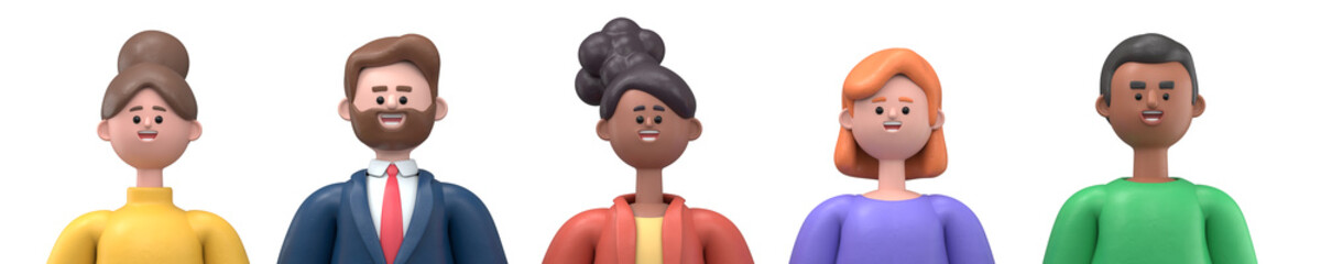 3D illustration of smiling peoples close up portrait set. Cute cartoon business man and woman avatars, faces of multiethnic male and female characters,3D rendering on white background.