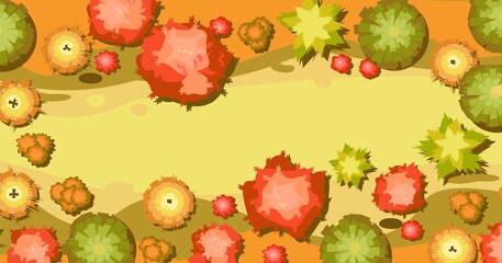 Autumn landscape top view. Scene with yellow and orange trees and bushes from height. Above countryside. Cartoon style illustration. Vector