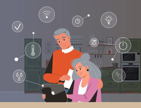 Smart home system develop and IOT system. Elderly couple holding remote home control system on a digital tablet. Grey-haired pensioner in eyeglasses helping his wife with new smartphone app, hugging.