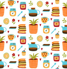 Cute cozy home icons tea jam honey house plant seamless vector pattern. Vector illustration