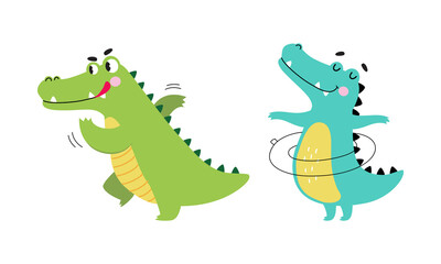 Cute friendly green crocodiles in different activities set cartoon vector illustration