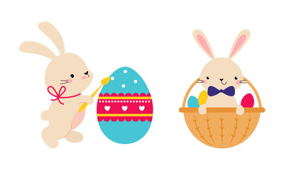 Easter bunny with painted eggs set. Happy Easter concept cartoon vector illustration