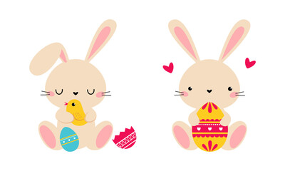 Obraz na płótnie Canvas Cute little Easter bunny with decorated eggs set. Happy Easter concept cartoon vector illustration