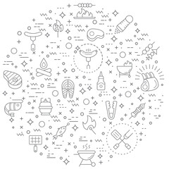 Simple Set of barbecue and Grill Related Vector Line Illustration. Contains such Icons as BBQ, picnic, camping, meat, steak, food, outdoor, hiking, sausages, beef and Other Elements.