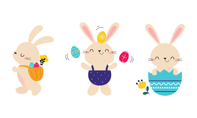 Obraz na płótnie Canvas Cute little Easter bunnies with decorated eggs. Happy Easter spring holiday cartoon vector illustration