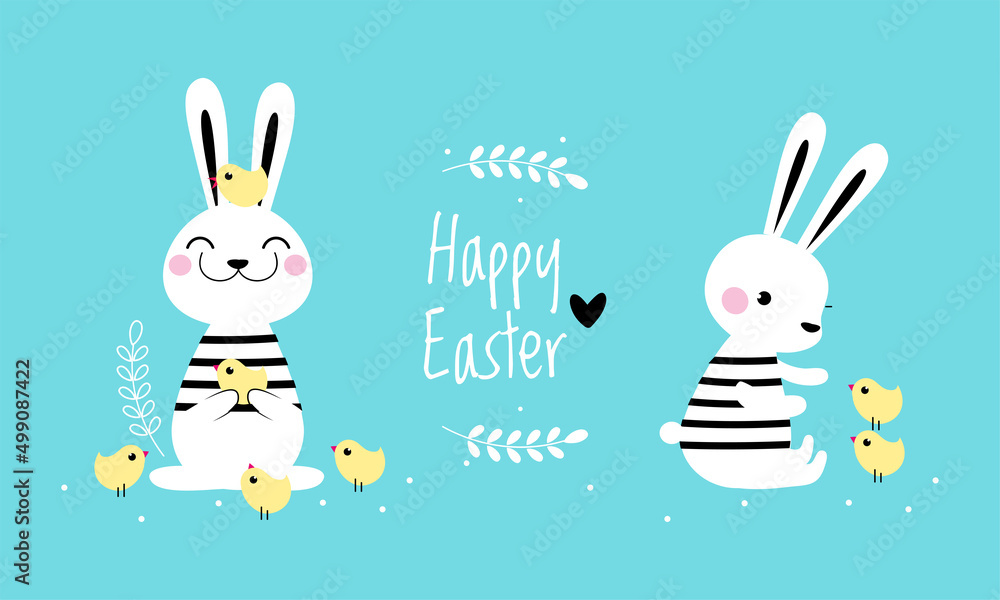 Sticker happy easter spring holiday banner. adorable little white easter bunny and yellow chickens cartoon v