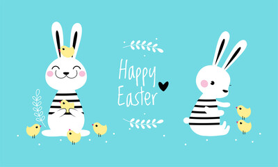 Happy Easter spring holiday banner. Adorable little white Easter bunny and yellow chickens cartoon vector illustration