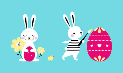 Happy Easter spring holiday. Adorable little white Easter bunnies with painting eggs with brush cartoon vector illustration