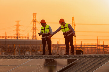 Photovoltaic Technology, Service Engineers inspecting factory roof solar installations in the...