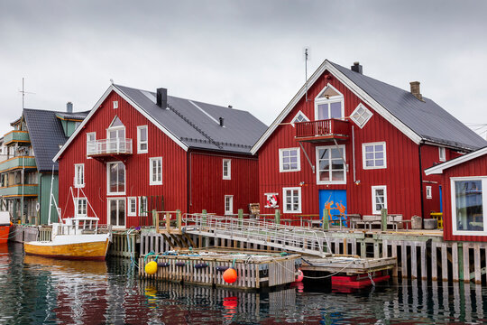 Vagan Norway 02-28-2022. Fishing boats and  fisherman's house  called Rorbu at Vagan in Lofoten islands. Norway.