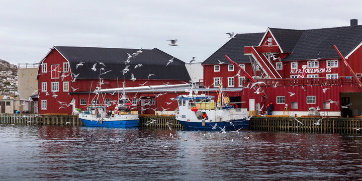 Vagan Norway 02-28-2022. Fishing boats and  fisherman's house  called Rorbu at Vagan in Lofoten islands. Norway.