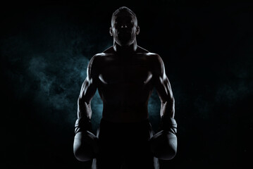 Kickboxer in black gloves posing on a background of smoke. The concept of mixed martial arts. - Powered by Adobe
