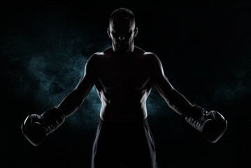 Fototapeta na wymiar Kickboxer in black gloves posing on a background of smoke. The concept of mixed martial arts.