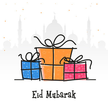 Eid Mubarak Celebration Concept With Creative Gift Boxes On White Silhouette Mosque Background.