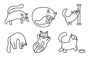 Collection of vector stickers of cute black contour of cats. Vector illustration