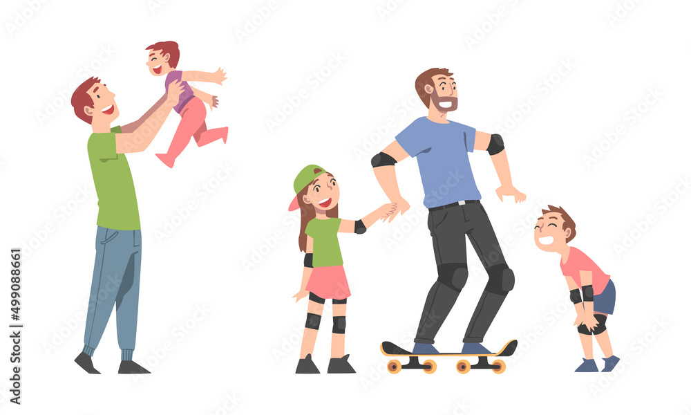 Wall mural dads having good time with their children set. father and kids having fun and skateboarding cartoon 