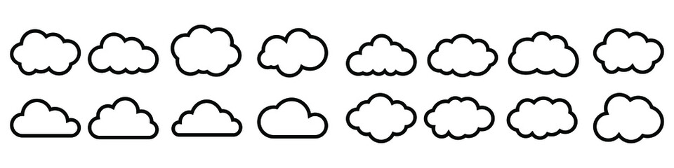 Set of clouds in a linear style. Cloud in line or outline collection. Vector illustration.