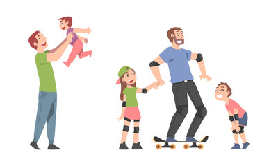 Obraz na płótnie Canvas Dads having good time with their children set. Father and kids having fun and skateboarding cartoon vector illustration