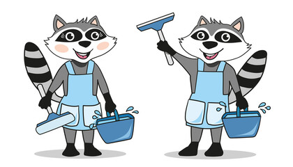 isolated vector graphic illustration of raccoons as window cleaners with water in water buckets, aprons and wipers for cleaning © Isabell