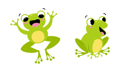 Cute happy green baby frog with funny face expression set cartoon vector illustration