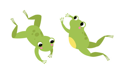 Cute little green baby frog jumping set cartoon vector illustration