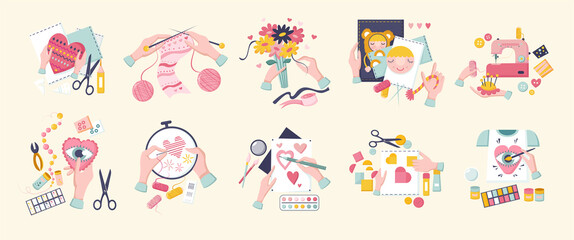 Hands create crafts, embroidery needlework. Hobbies handmade art, hand drawing, knitting and embroidery, creative crafts. Set of top view vectors, cartoon decor. Vector illustration