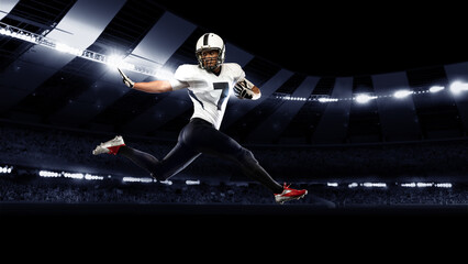 Collage with sportive american football player in action, catching the ball against night stadium with spotlights background. Sport, championship concept - Powered by Adobe