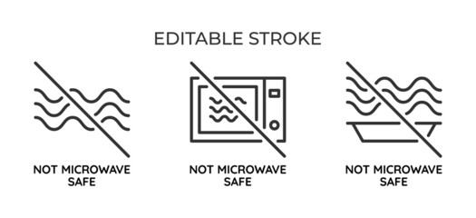 Not microwave safe symbol. For packaging or labeling, the suitability of the cookware for heating and cooking. Set of linear icons. Vector illustration. - obrazy, fototapety, plakaty