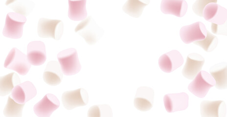 Marshmallow background with free space. Tasty white and pink marshmallows isolated on white background.