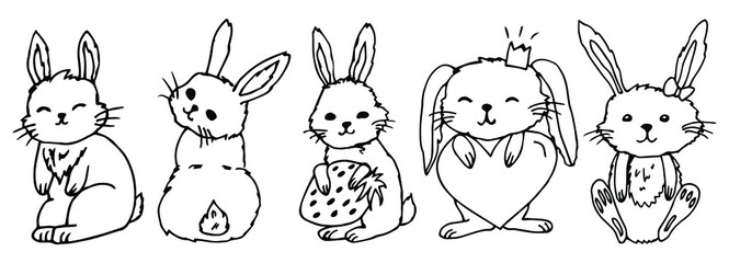 A set of cute rabbits. Black outline on a white background. Festive Easter bunnies. Vector illustration.