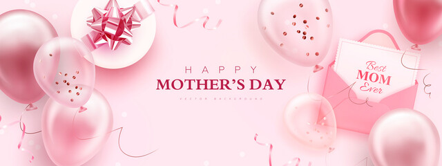Mother's day greeting banner with realistic balloons and envelope © Elena Morozova